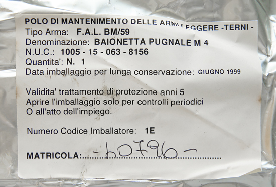 Image of Italian BM59/AR70 bayonet in original package.