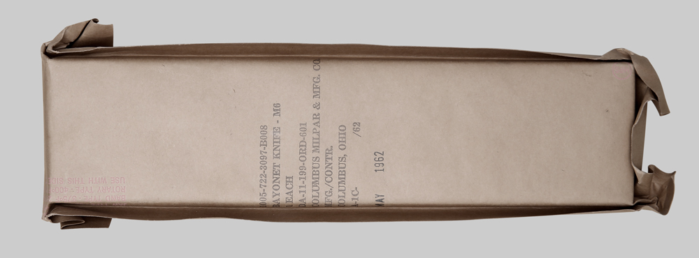 Image of 1962 Columbus Milpar & Manufacturing Co. M6 bayonet taken from sealed packaging.