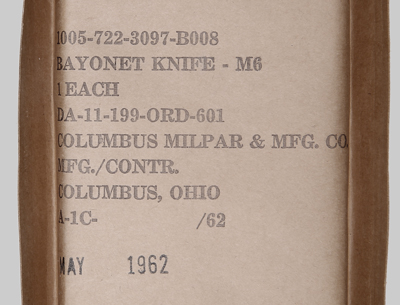 Image of 1962 Columbus Milpar & Manufacturing Co. M6 bayonet taken from sealed packaging.