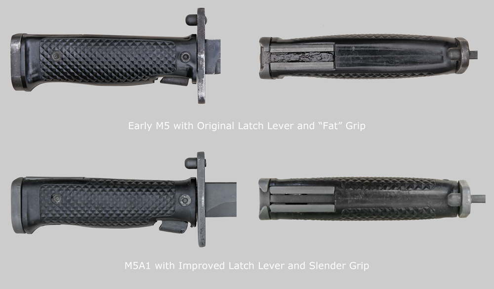 Comparison image showing early M5 grip and latch lever vs. M5A1 grip and latch lever.